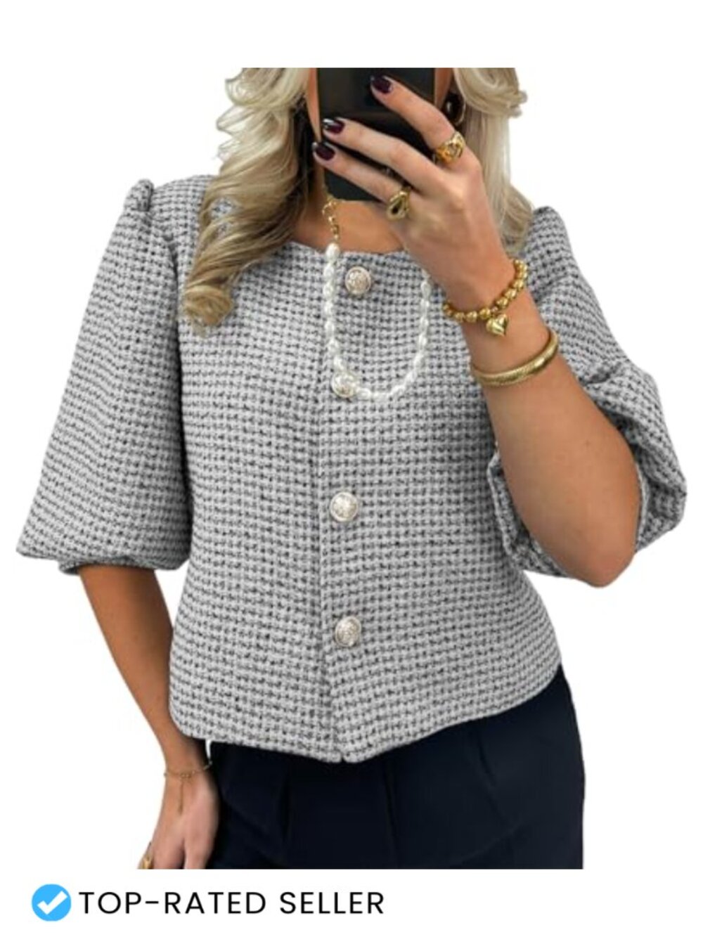 Cropped Tweed Blazer Puff Sleeve Business Suit Jacket
